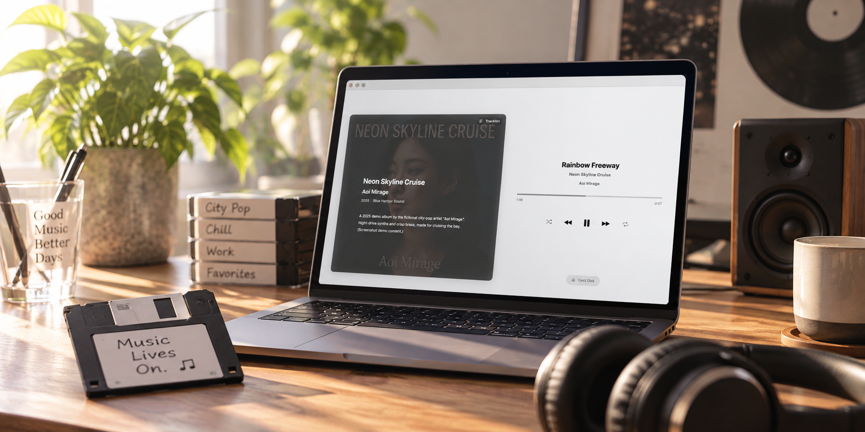 日差しの入る机に、FloppyPlayerを表示したMacとフロッピーディスク、ヘッドホンが並ぶ