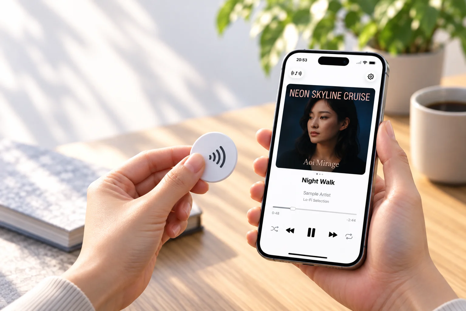 明るい部屋でNFCタグとNFCPlayerを表示したiPhoneを手に持つ、NFCPlayer公式サイトのメインビジュアル。